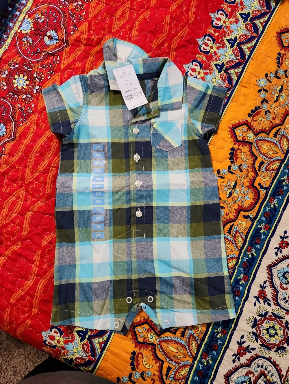 New Carters Baby Boys' Plaid Short-Sleeve Romper - Blue & Green